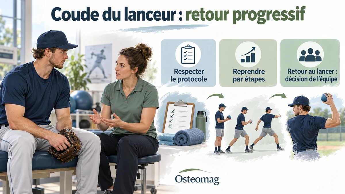 Illustration Osteomag : lancer léger, entraînement progressif et repères pour respecter les étapes médicales.