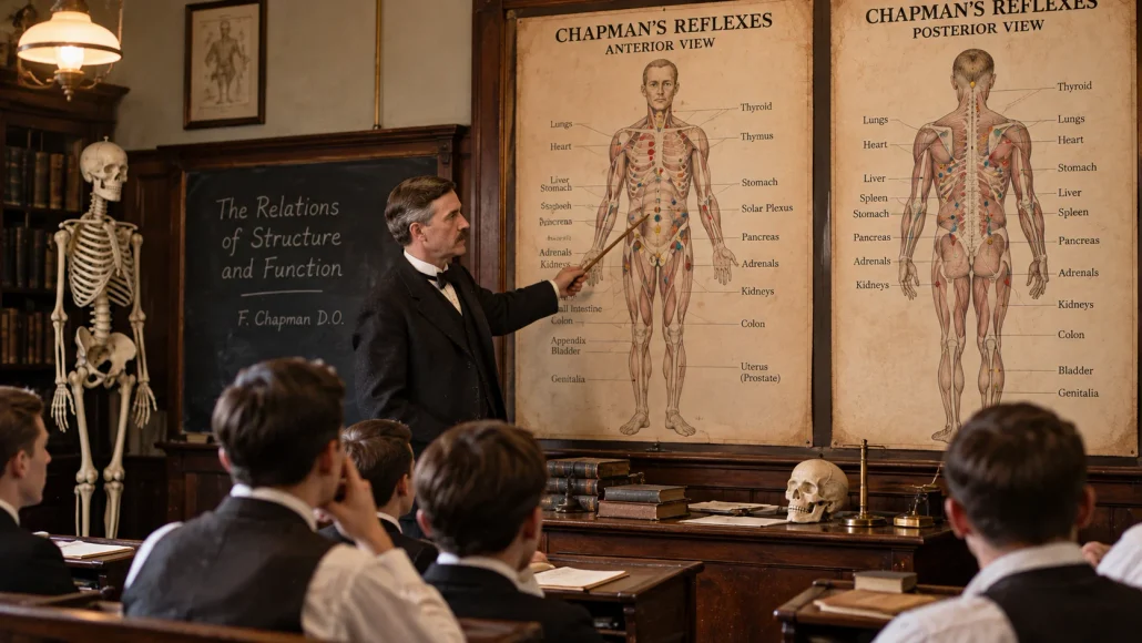 Frank Chapman représenté dans une salle de cours ancienne, devant deux affiches des réflexes neurolymphatiques en vues antérieure et postérieure.