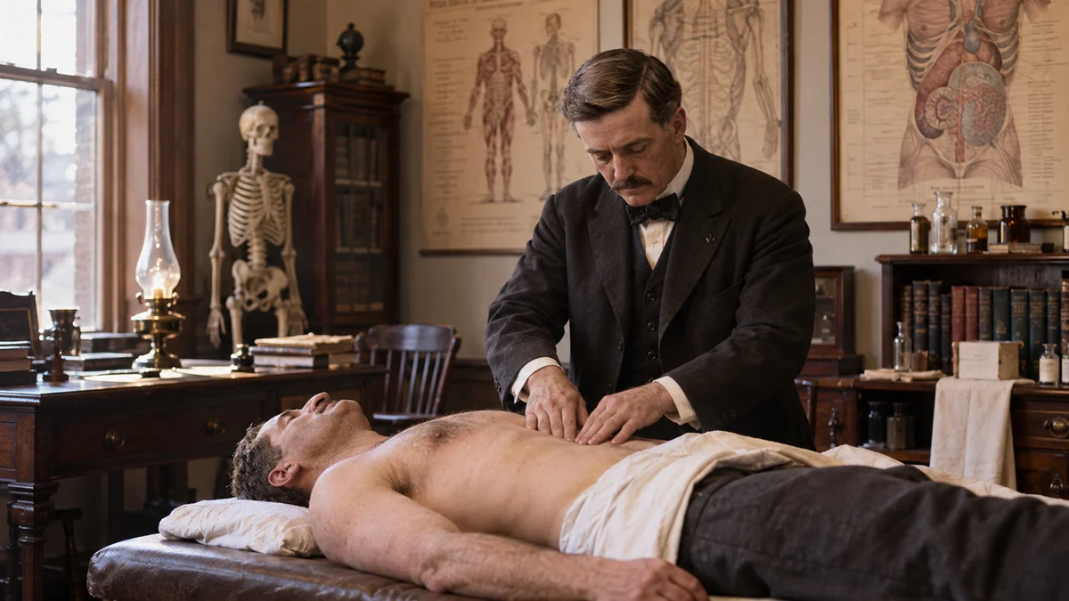 Reconstitution artistique de Frank Chapman examinant un patient dans un cabinet d’ostéopathie du début du XXe siècle.