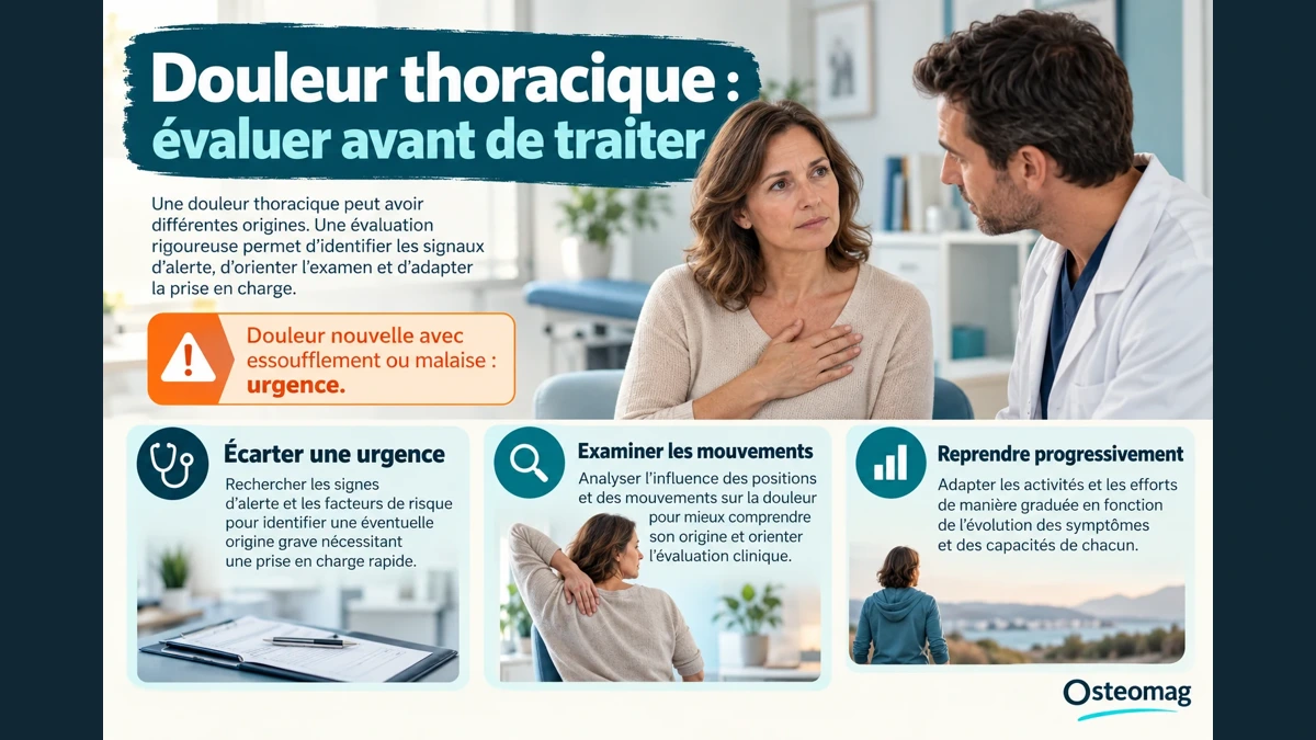 Douleur thoracique : une évaluation médicale précède les soins musculosquelettiques ; une douleur nouvelle avec essoufflement ou malaise est une urgence. Osteomag.