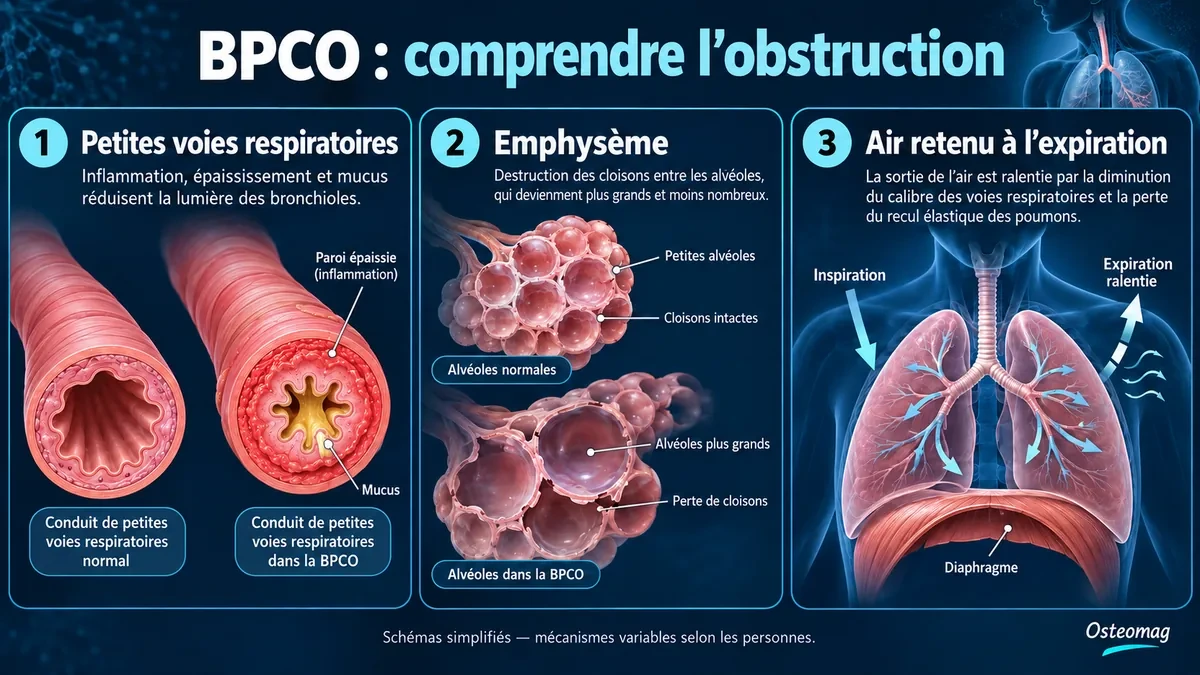 Schémas de petites voies respiratoires rétrécies, de perte de cloisons alvéolaires et de sortie d’air ralentie dans la BPCO.