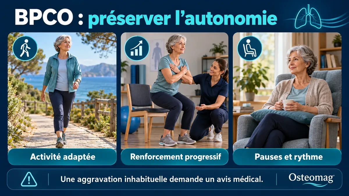 Marche adaptée, renforcement progressif et pauses pour préserver les activités chez une personne atteinte de BPCO stable.