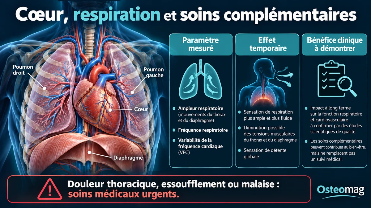 Schéma du cœur, des poumons et du diaphragme distinguant paramètres mesurés et bénéfices cliniques.