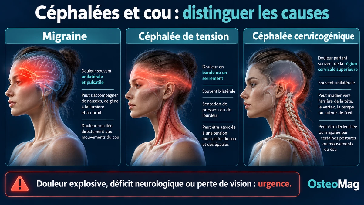 Comparaison des profils possibles de migraine, céphalée de tension et céphalée cervicogénique, avec signes imposant une évaluation urgente.