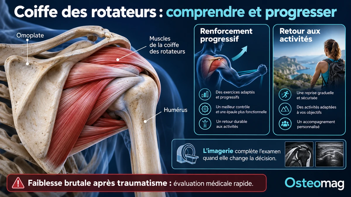 Vue pédagogique de l’épaule et des muscles de la coiffe accompagnée de repères sur le renforcement et le retour aux activités.