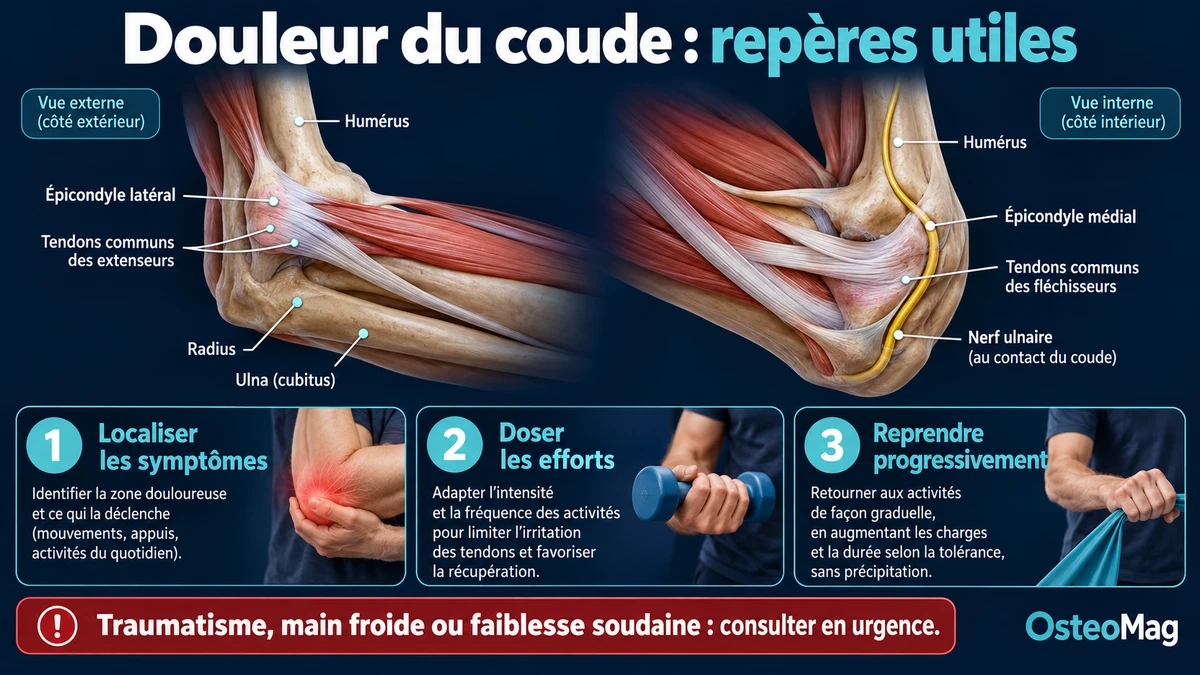 Vues externe et interne du coude avec les tendons des épicondyles et le trajet du nerf ulnaire.