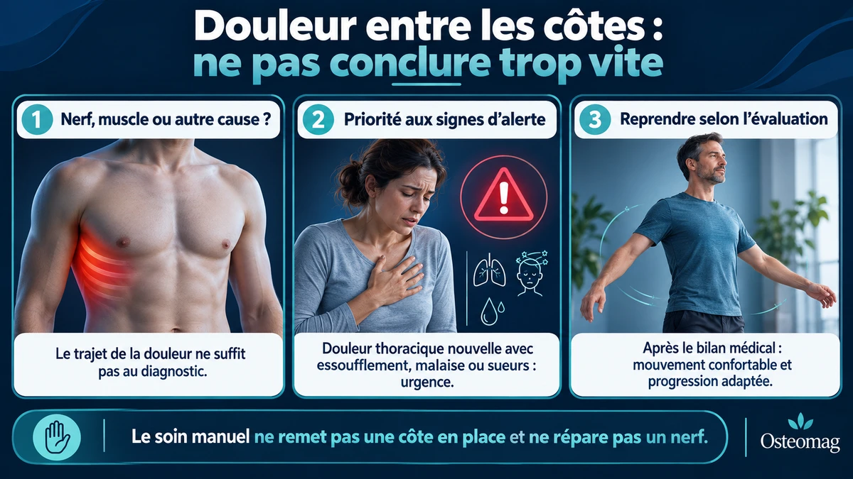 Trois repères devant une douleur entre les côtes : distinguer les causes, reconnaître les signes d’alerte et reprendre selon l’évaluation médicale.