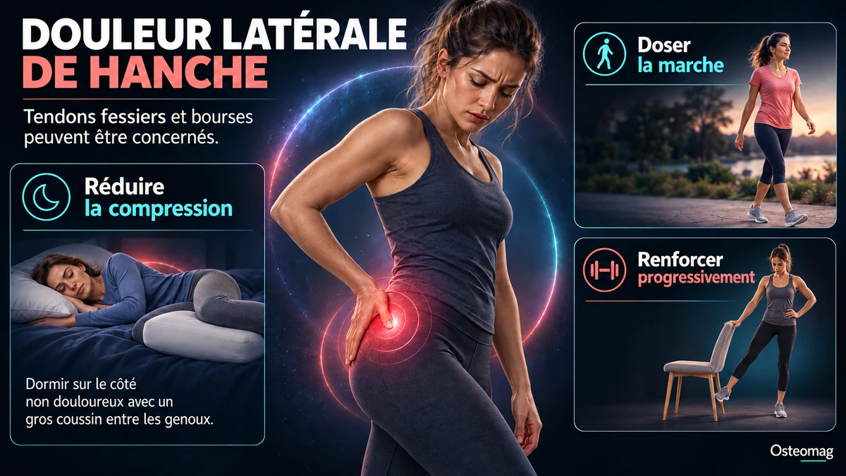 Infographie sur la douleur latérale de hanche, avec position de sommeil soutenue par un coussin, marche dosée et exercice debout avec appui sur une chaise.