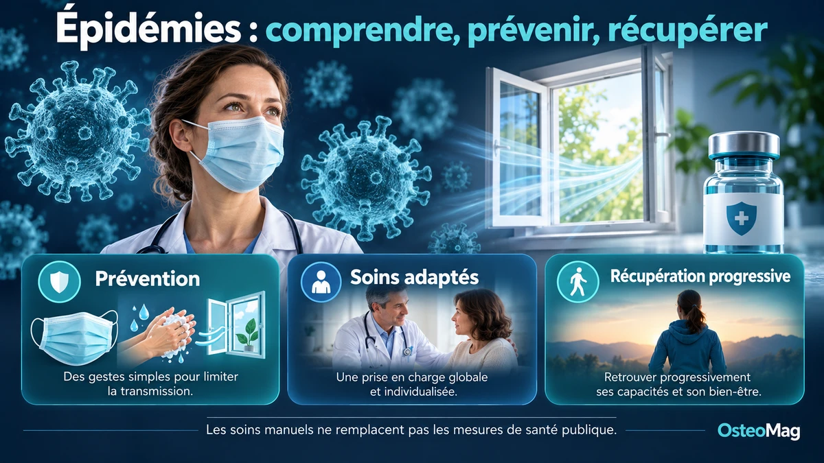 Illustration des mesures de prévention, du suivi médical et de la récupération après une infection.