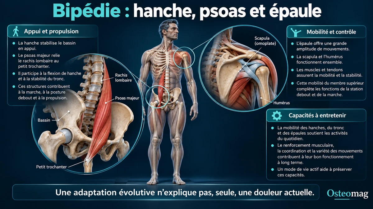 Schéma du corps humain avec agrandissements du psoas, de la hanche et de l’épaule.