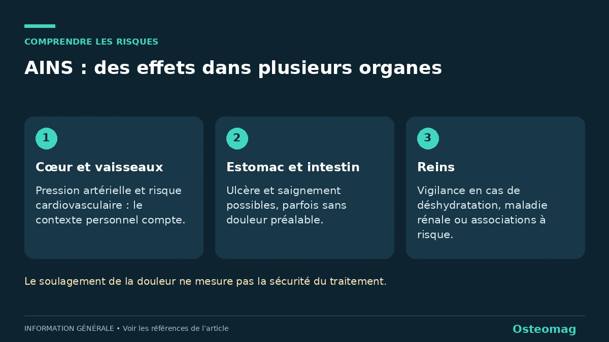AINS : des effets dans plusieurs organes. Cœur et vaisseaux : Pression artérielle et risque cardiovasculaire : le contexte personnel compte.. Estomac et intestin : Ulcère et saignement possibles, parfois sans douleur préalable.. Reins : Vigilance en cas de déshydratation, maladie rénale ou associations à risque.