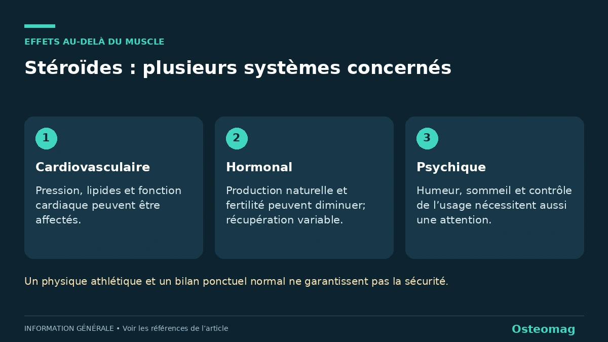 Stéroïdes : plusieurs systèmes concernés. Cardiovasculaire : Pression, lipides et fonction cardiaque peuvent être affectés.. Hormonal : Production naturelle et fertilité peuvent diminuer; récupération variable.. Psychique : Humeur, sommeil et contrôle de l’usage nécessitent aussi une attention.