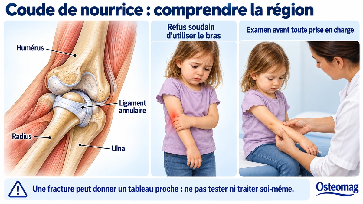 Anatomie du coude avec humérus, radius, ulna et ligament annulaire, accompagnée de scènes de refus d’utilisation et d’examen médical.