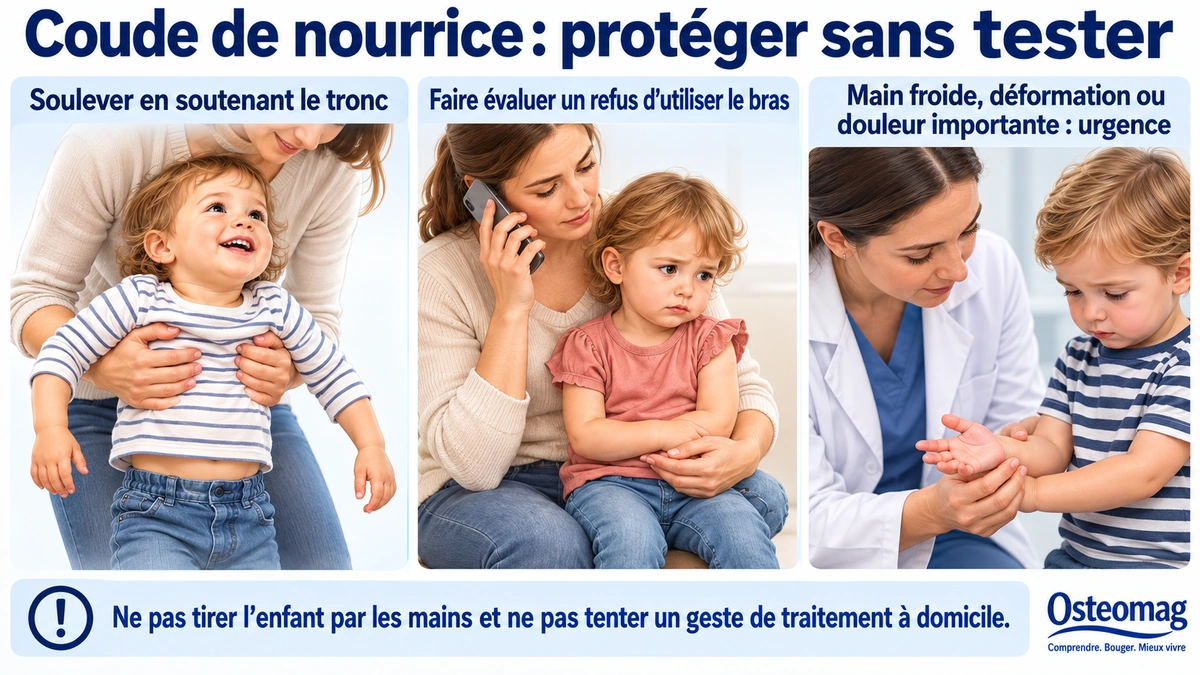 Gestes de prévention et d’orientation : soutenir le tronc pour soulever l’enfant et faire évaluer un bras inutilisé.