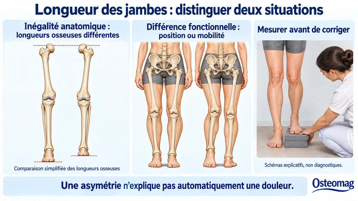 Comparaison simplifiée d’une différence de longueurs osseuses et d’une différence de hauteur liée à la position ou à la mobilité.