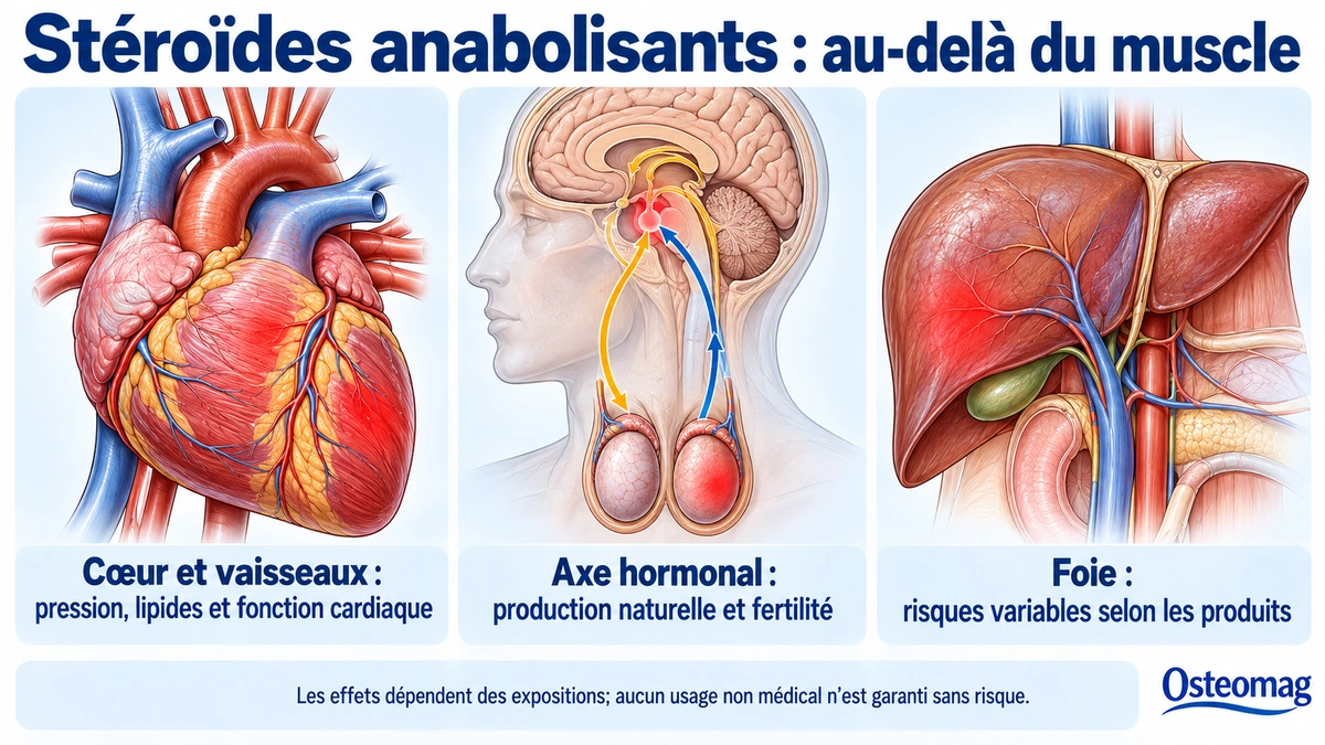 Illustrations simplifiées du cœur, de la communication hormonale entre cerveau et gonades et du foie, organes pouvant être concernés par les stéroïdes.
