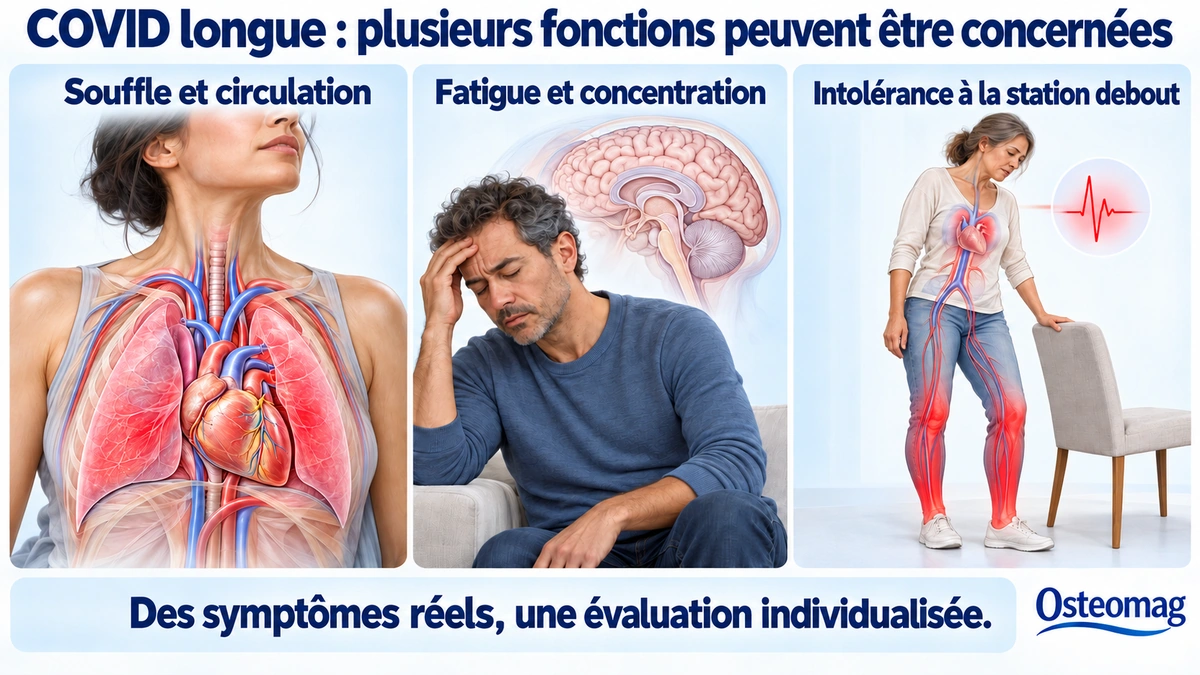 Illustrations des domaines respiratoire, cardiovasculaire, cognitif et orthostatique pouvant être concernés par la COVID longue.