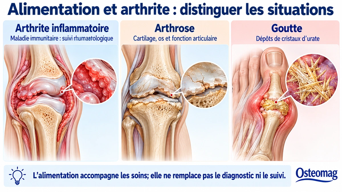 Comparaison illustrée d’une arthrite inflammatoire, d’une articulation arthrosique et d’une goutte liée aux cristaux d’urate.