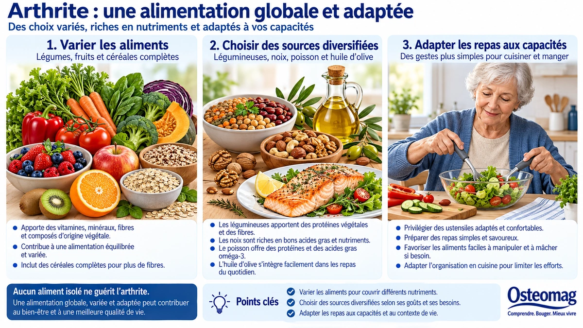 Aliments variés, sources de protéines et de matières grasses diversifiées, et adaptation pratique des repas aux capacités.