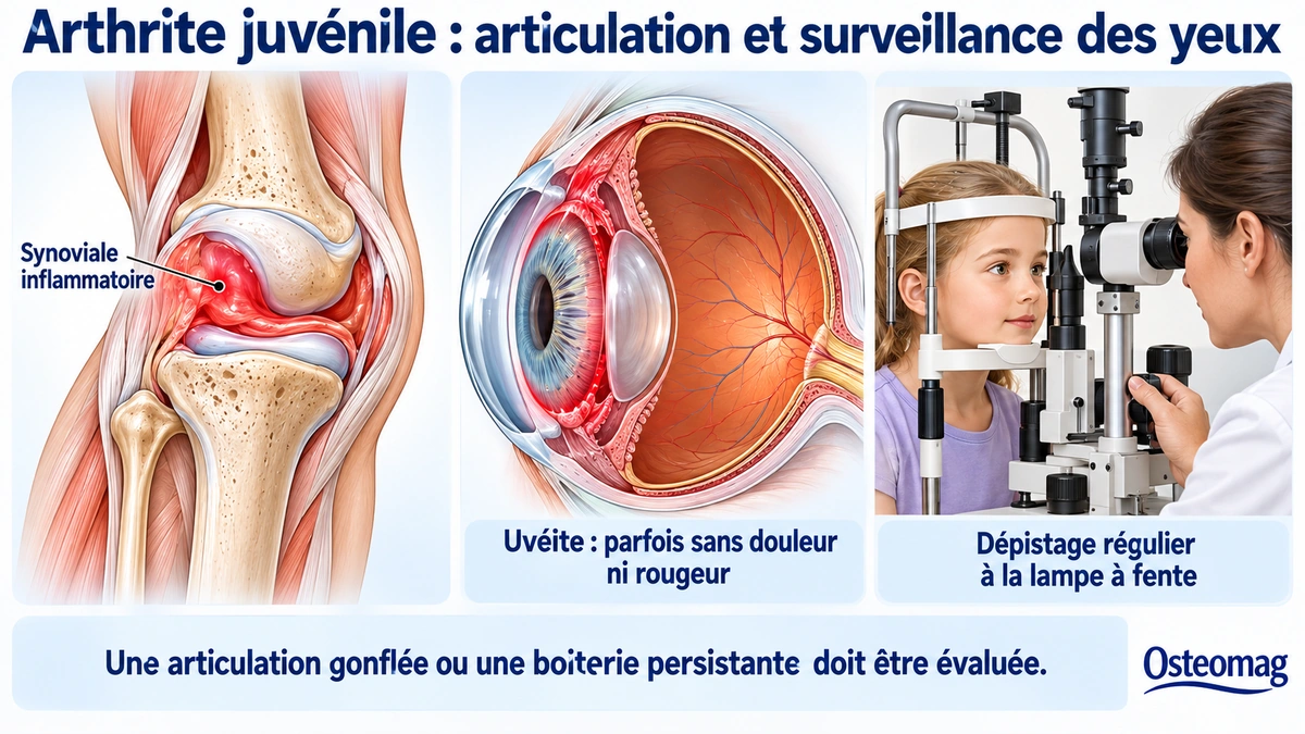 Illustrations d’une synoviale inflammatoire, de la région antérieure de l’œil et d’un dépistage pédiatrique à la lampe à fente.