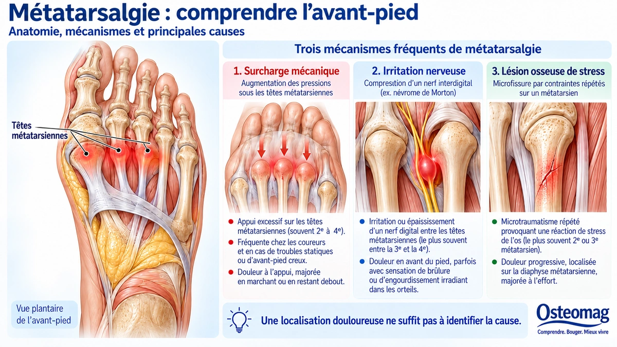 Vue plantaire de l’avant-pied avec repères métatarsiens et illustrations de surcharge, irritation nerveuse et lésion osseuse de stress.
