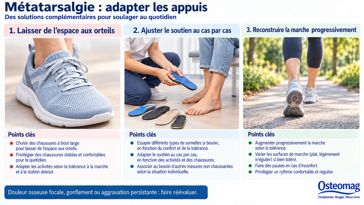 Illustrations de chaussures laissant de l’espace à l’avant-pied et d’un accompagnement pour ajuster les appuis.
