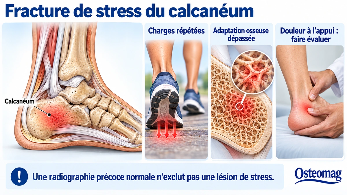 Vue latérale du pied montrant le calcanéum et illustrations de contraintes répétées, de stress osseux et d’évaluation du talon.