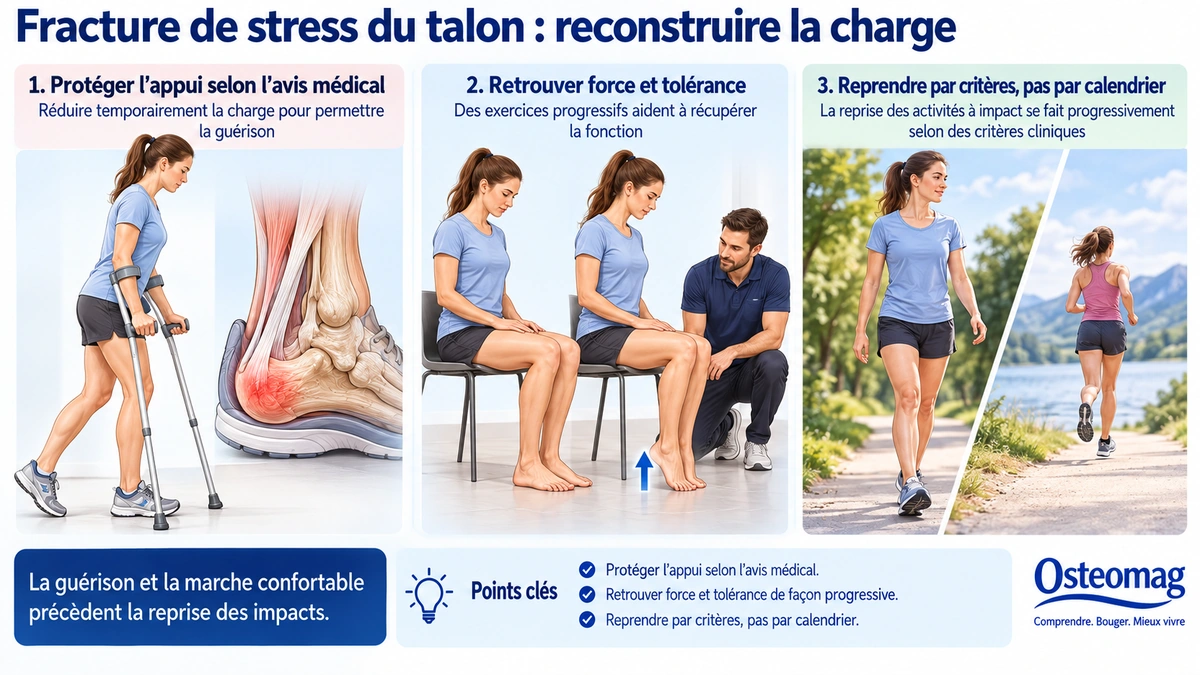 Étapes illustrées de protection de l’appui, récupération fonctionnelle supervisée et reprise progressive de la marche puis de la course.