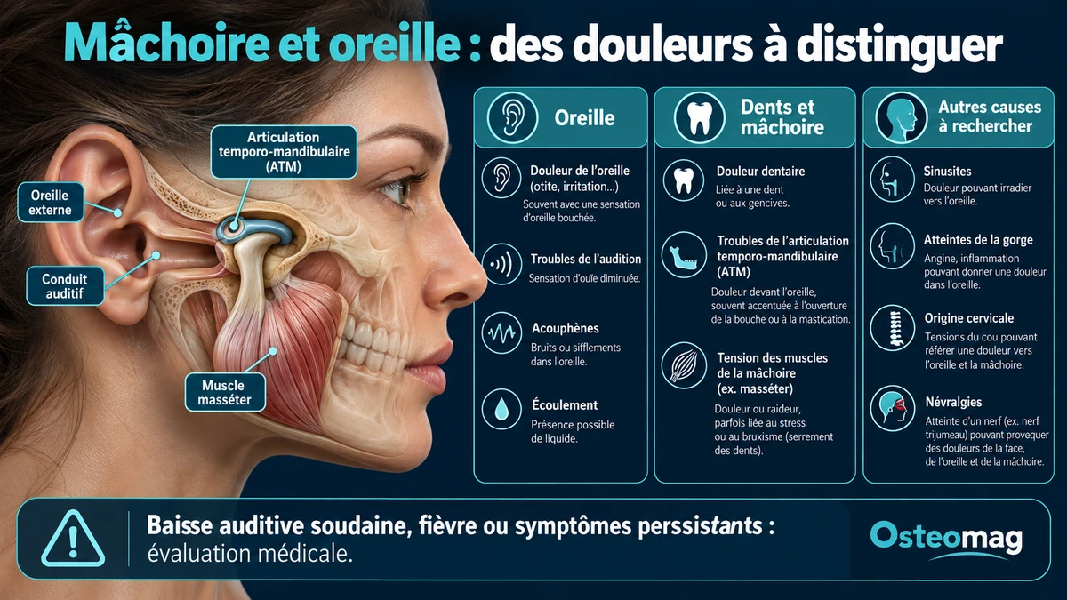 Vue latérale simplifiée de l’oreille, de l’articulation temporomandibulaire et du masséter avec les principales origines possibles d’otalgie.