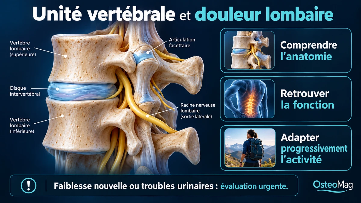 Schéma d’une unité vertébrale lombaire montrant le disque, les vertèbres, une articulation facettaire et une racine nerveuse.