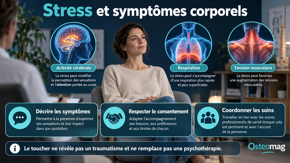 Illustration des interactions entre activité cérébrale, respiration, tensions musculaires et accompagnement respectueux.