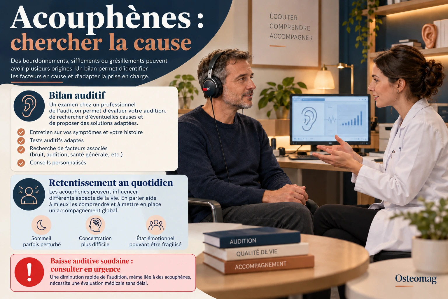 Consultation auditive illustrée, retentissement quotidien et alerte en cas de baisse auditive soudaine.