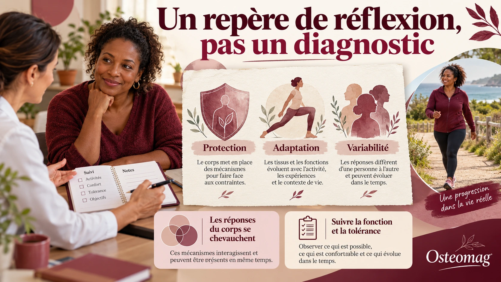 Personne échangeant avec un professionnel et suivant ses activités; protection, adaptation et variabilité présentées comme repères.