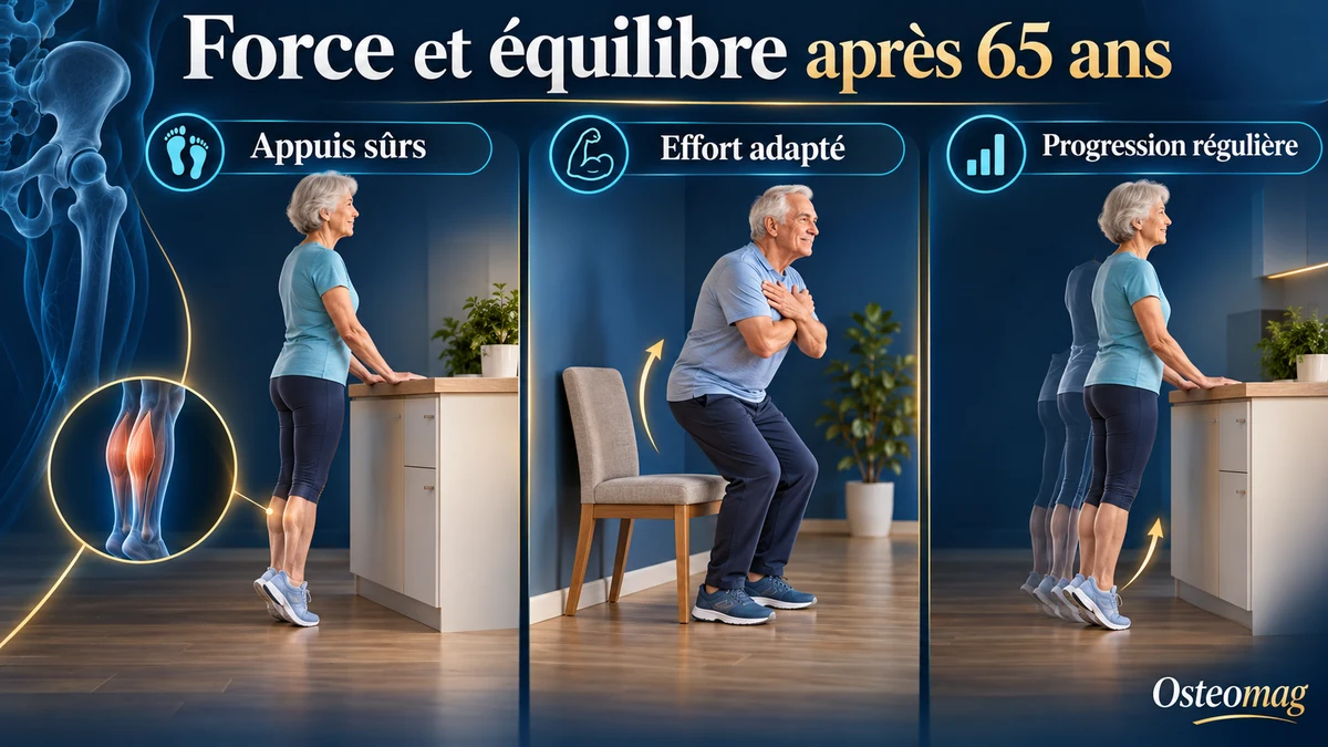 Illustration d’exercices pour les aînés avec un comptoir fixe et une chaise stable : appuis sûrs, effort adapté et progression régulière.