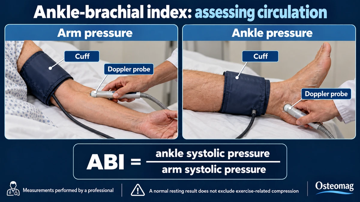 Arm and ankle systolic pressure measurement using a cuff and Doppler probe to calculate the ankle-brachial index.