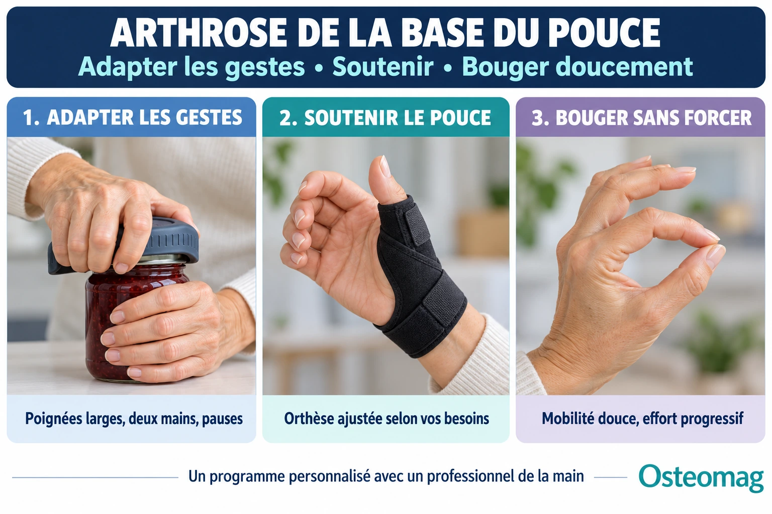 Infographie Osteomag : adapter les gestes, soutenir le pouce et bouger doucement dans la rhizarthrose.