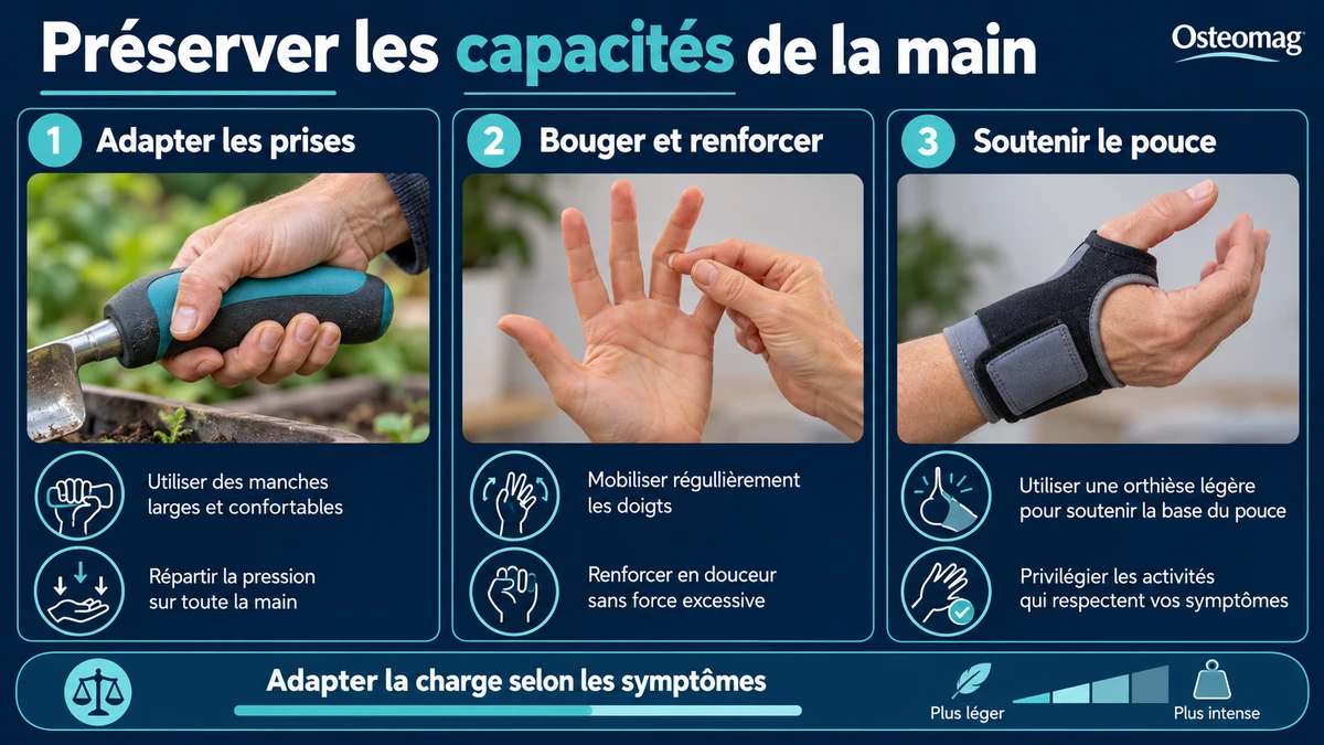 Aides de prise, mouvements des doigts et soutien du pouce pour préserver les activités de la main.