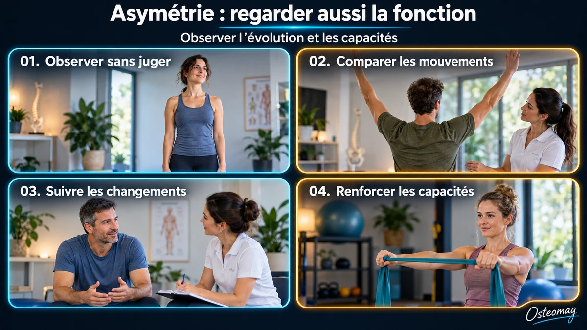 Quatre repères : observer une posture sans jugement, comparer les mouvements, discuter de l’évolution et renforcer les capacités.