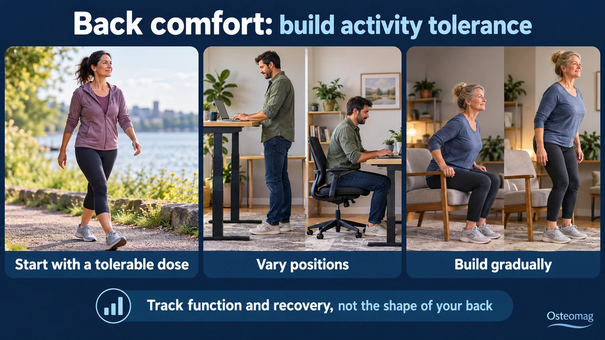 Adults walking, varying seated and standing work positions and practising supported sit-to-stand.