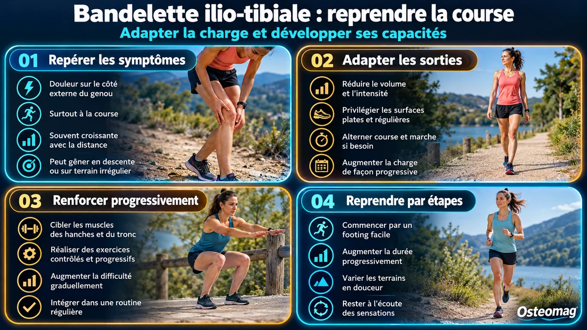 Infographie Osteomag sur la bandelette ilio-tibiale : repérer la douleur externe du genou, adapter les sorties, renforcer et reprendre par étapes.
