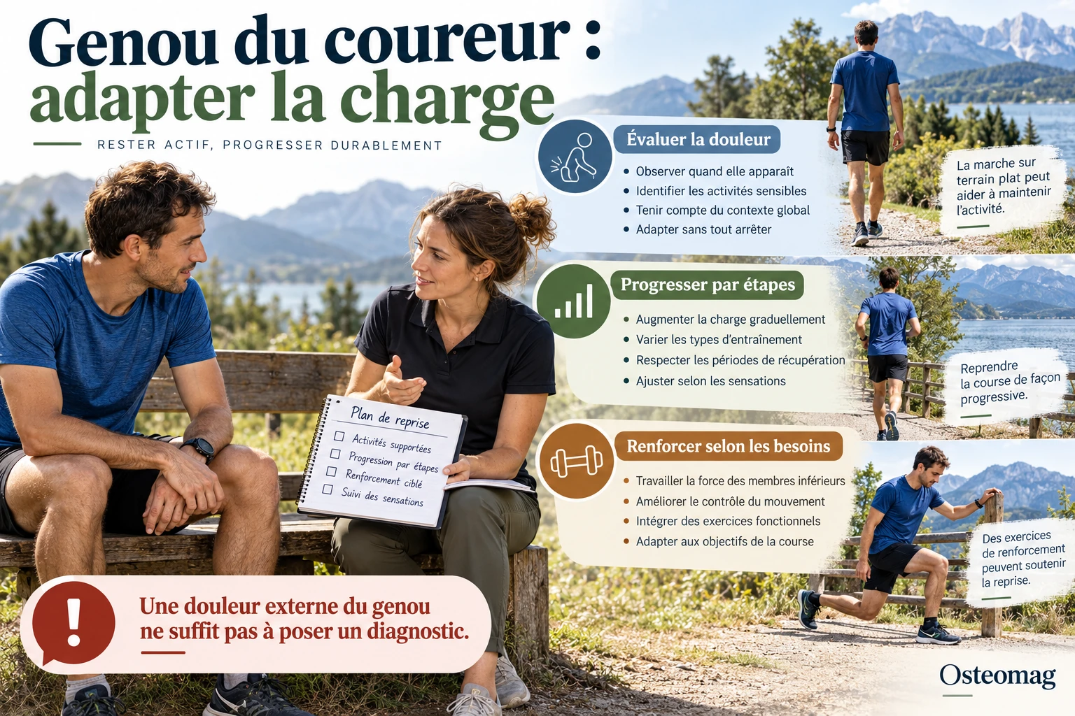 Consultation illustrée et étapes de reprise : évaluer la douleur, adapter la charge et renforcer selon les besoins.