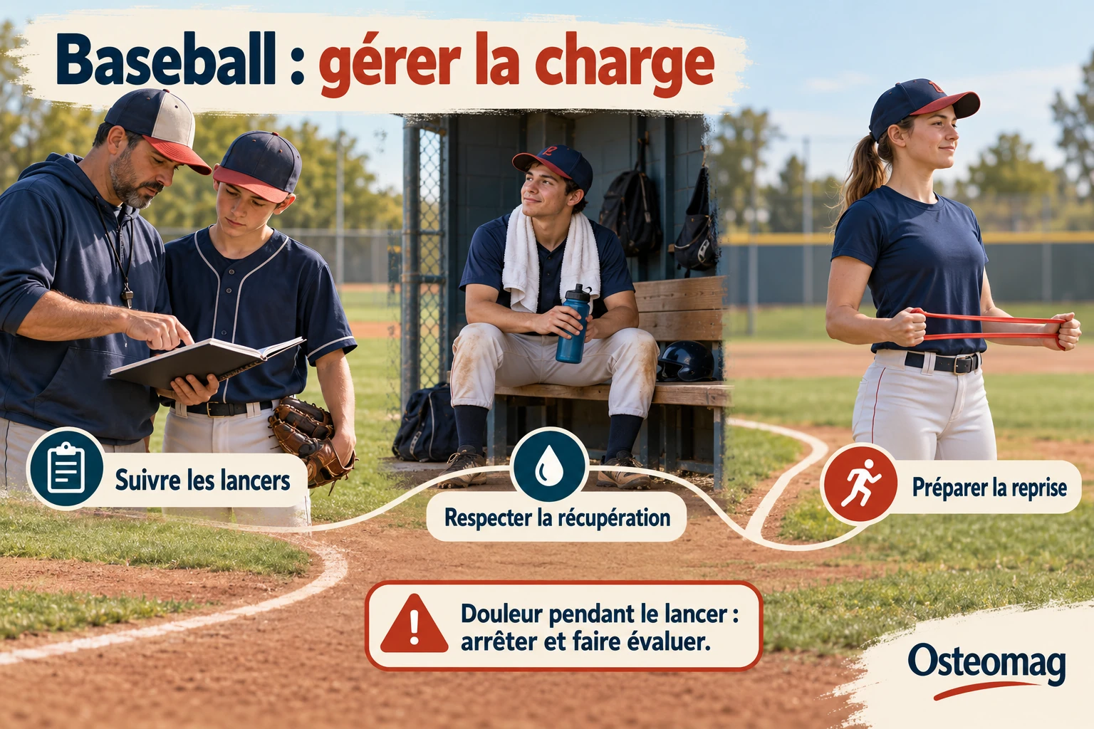 Baseball : suivre les lancers, respecter la récupération et préparer la reprise ; douleur au lancer nécessitant un arrêt et une évaluation ; Osteomag.