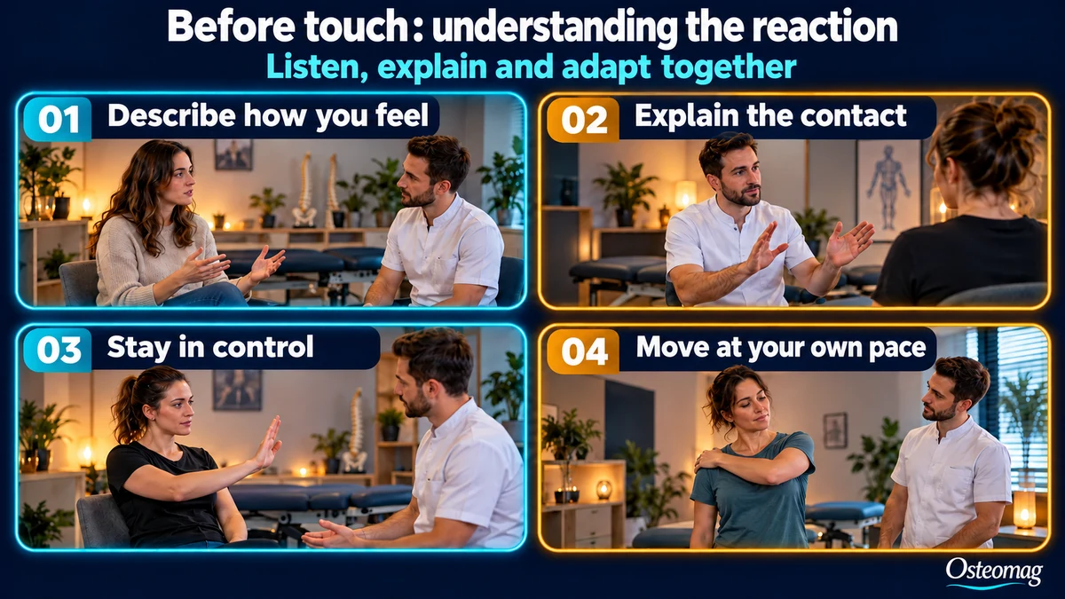 Osteomag infographic: describe what you feel, announce the contact, remain in control, and move at your own pace.