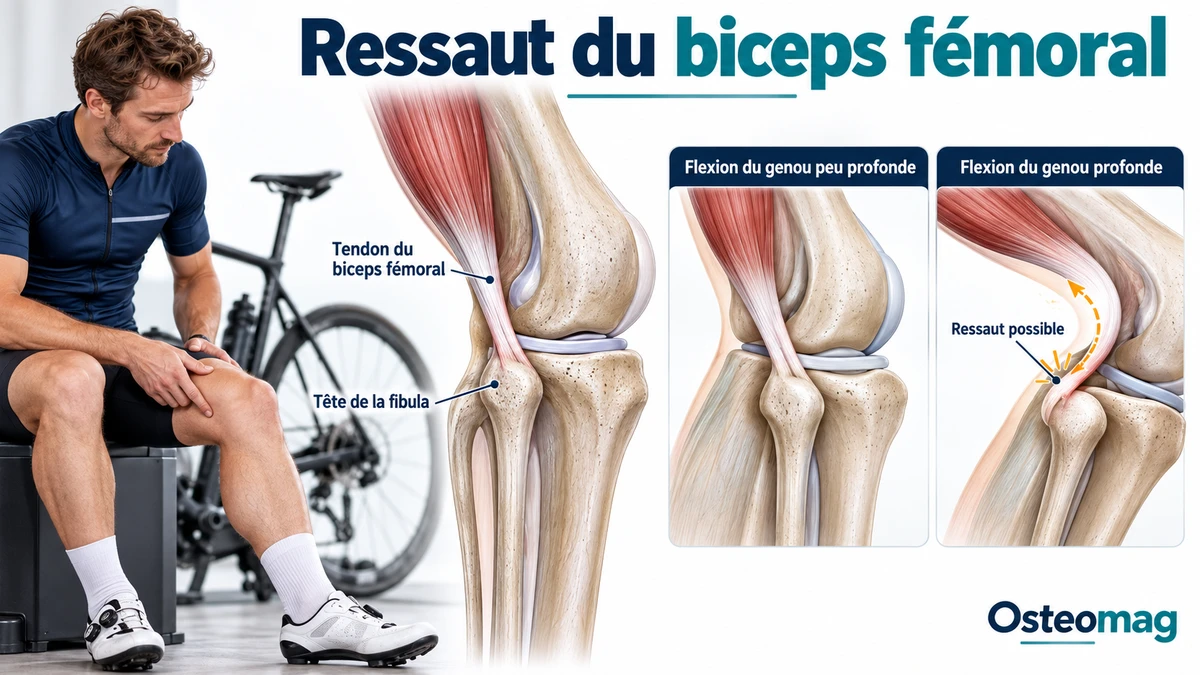 Illustration simplifiée du tendon du biceps fémoral près de la tête fibulaire et d’un ressaut possible pendant la flexion du genou.