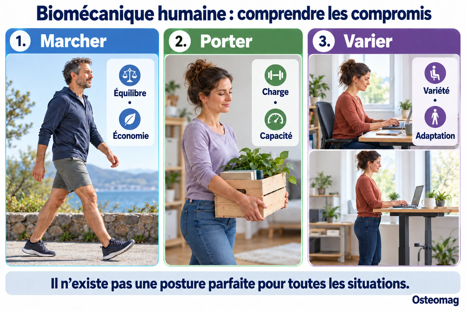 Infographie Osteomag : marcher, porter une charge et varier les positions pour développer des capacités adaptées au quotidien.