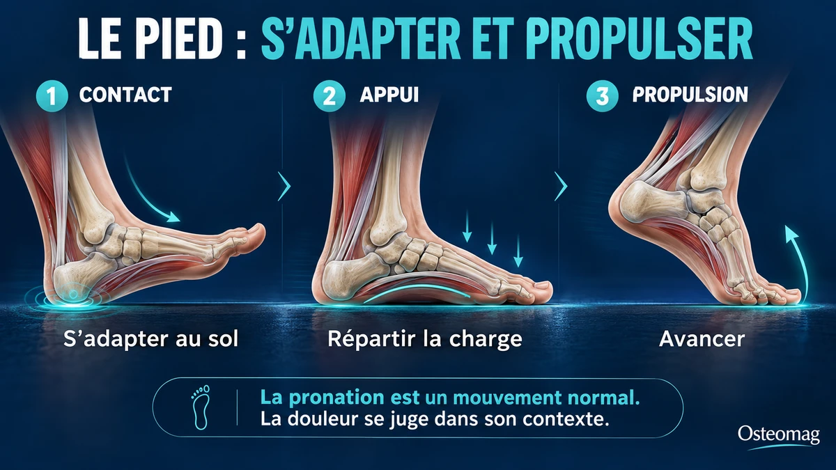 Trois phases de la marche illustrées : contact du talon, appui du pied et propulsion sur l’avant-pied.