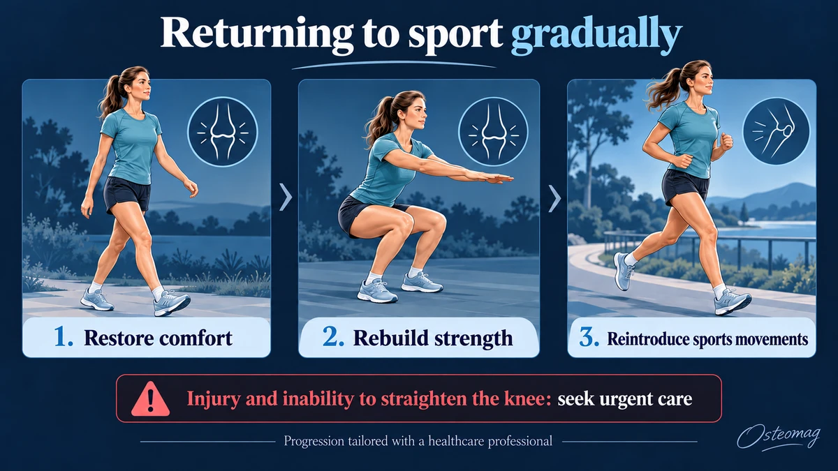 Gradual return to sport: walking, strengthening and running, with urgent warning signs after injury.