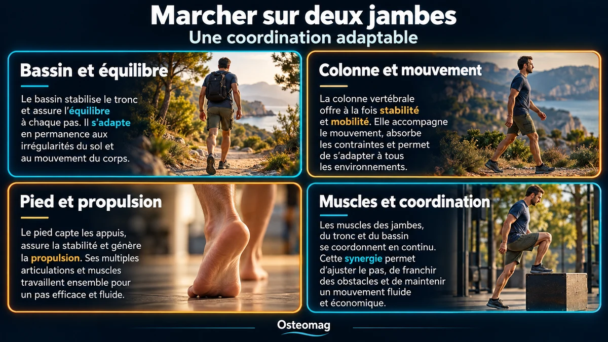 Bassin et équilibre, colonne et mouvement, pied et propulsion, muscles et coordination pendant la marche humaine.