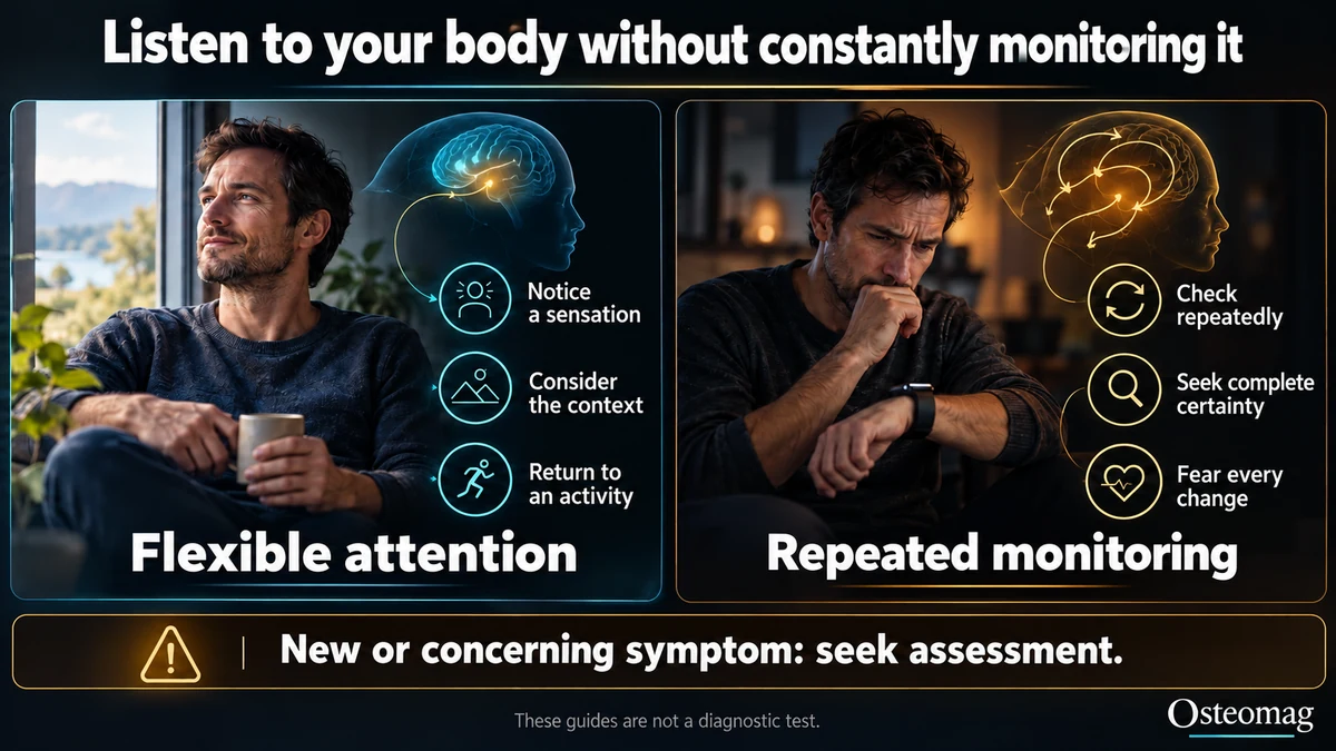 Infographic comparing flexible attention to sensations with repeated monitoring, and reminding readers to seek assessment for a concerning symptom.