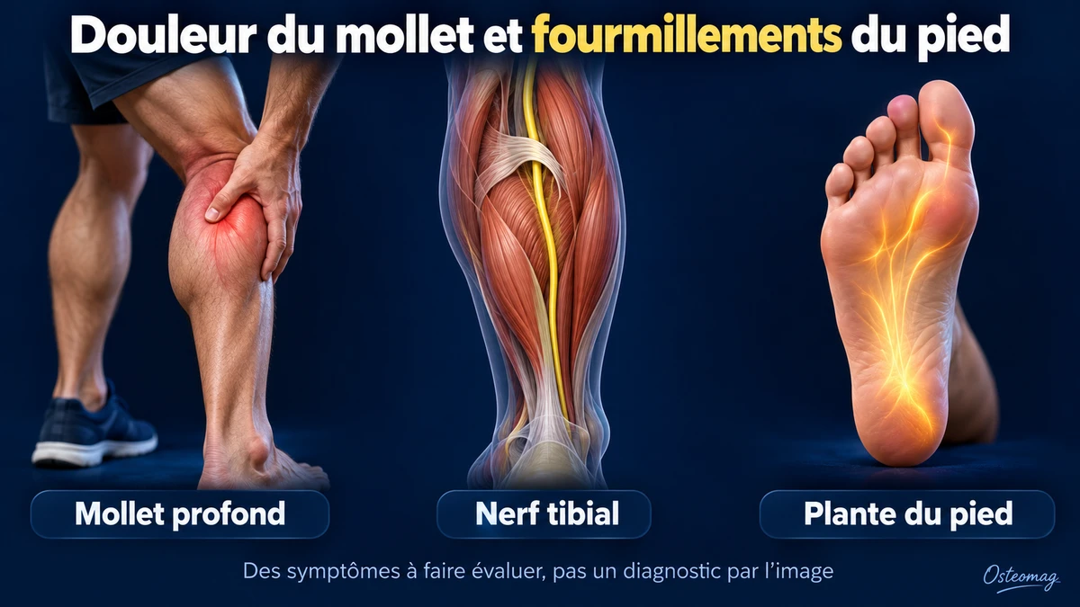 Illustration conceptuelle du mollet profond, du nerf tibial sous une arcade et des sensations plantaires à faire évaluer.